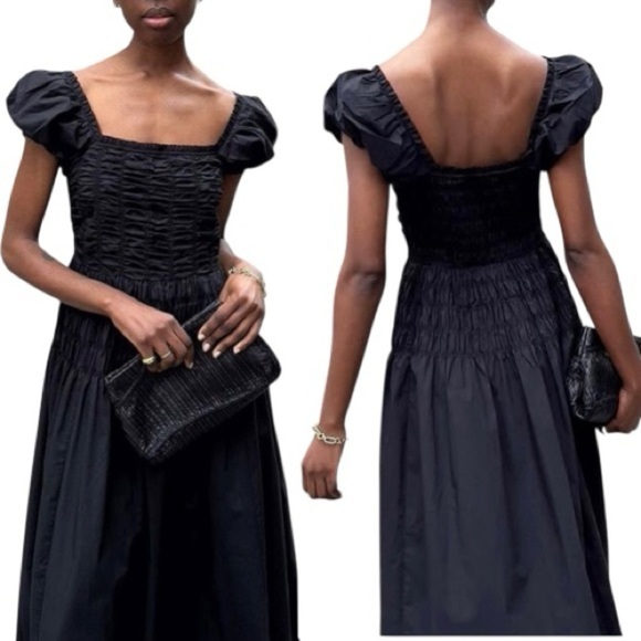 Caroline Constas Women’s Cotton Shirred Bodice Short Puff Sleeve Midi Dress NEW - Picture 7 of 16